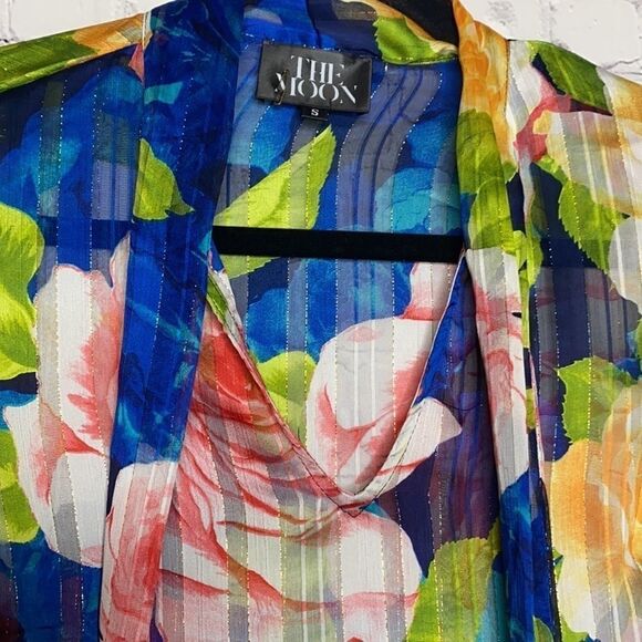 The Moon Floral Bell Sleeve Tie Neck Colorful Semi -Sheer Blouse S Blue Multi - Picture 6 of 9